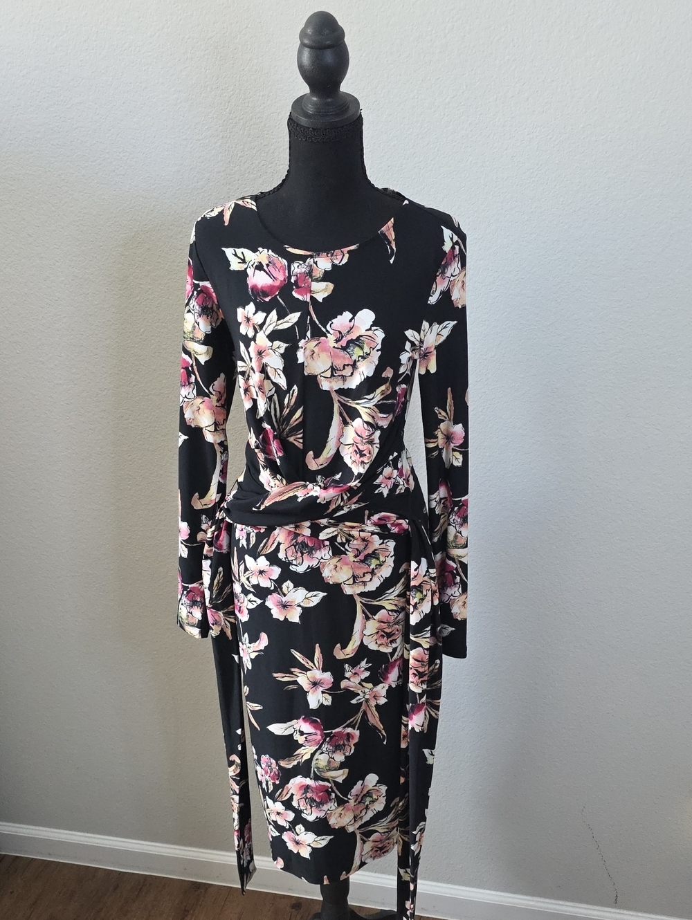 RACHEL Rachel Roy Black Long Sleeve Floral Wrap Dress - Pink & Cream Blooms